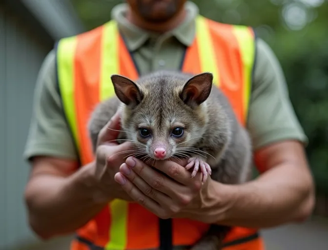 Animal handler safely recovering a deceased possum in Ross Creek