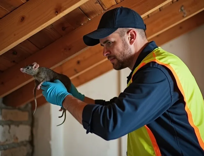 Technician inspecting a roof cavity for a dead rat in Ross Creek